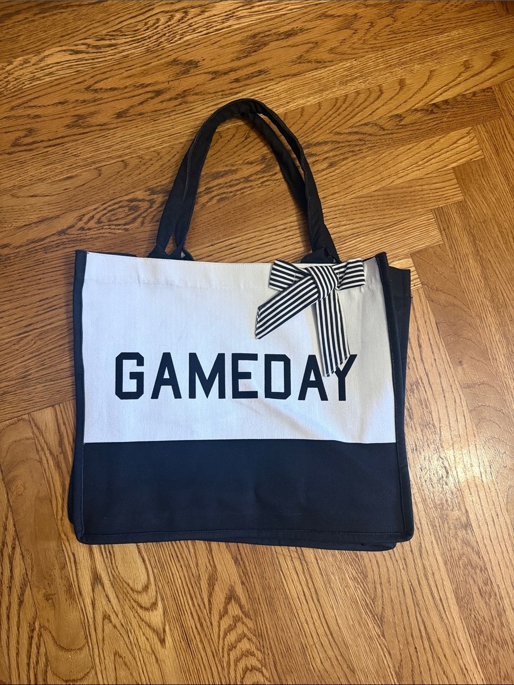 GAMEDAY Black and White Canvas Tote with Bow Accent NWT